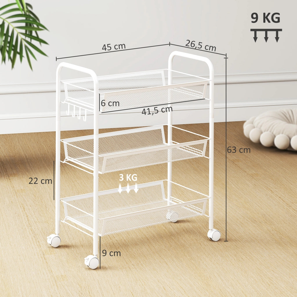 Carrello 3 Ripiani con Ruote ¨C Xylo ¨C Bianco 45x26,5x63 cm Salvaspazio
