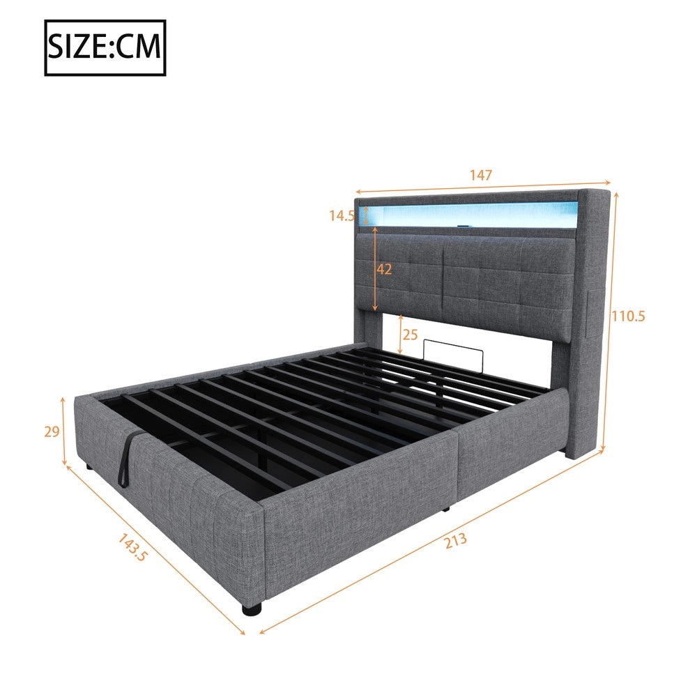 Letto Imbottito Contenitore 140x200 con LED ¨C Xylo ¨C Tessuto Grigio, Idraulico, Rete a Doghe
