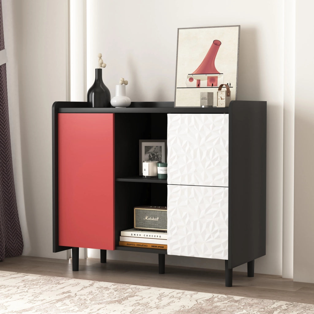 Credenza sideboard con 2 cassetti e vano aperto; 90x40x80 cm; MDF nero e rosso