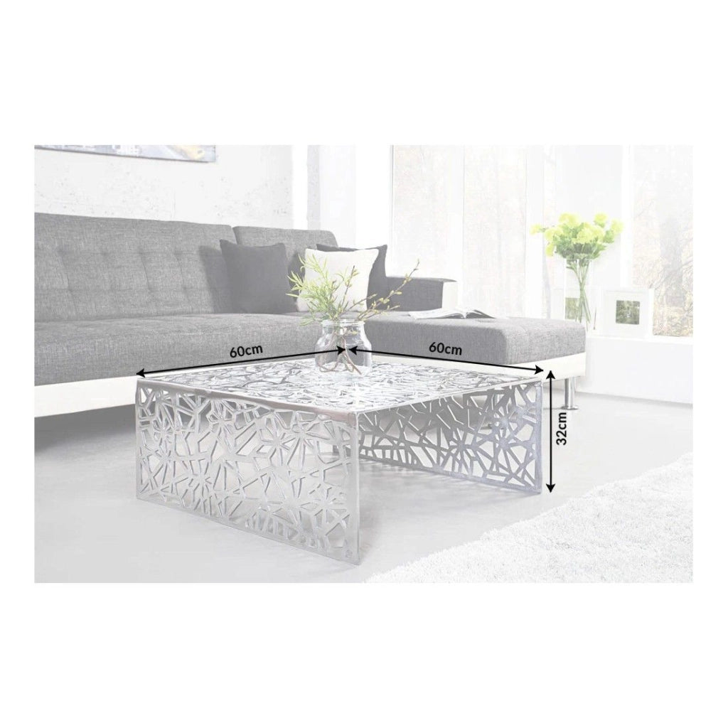 Tavolino basso METRIX quadrato 60 cm – Tavolino basso design in alluminio argentato con motivi geometrici