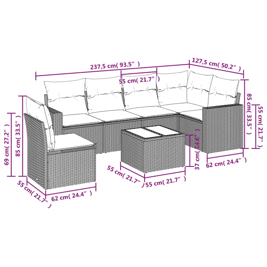 Set Divani da Giardino 7 pz con Cuscini Grigio in Polyrattan 3219030