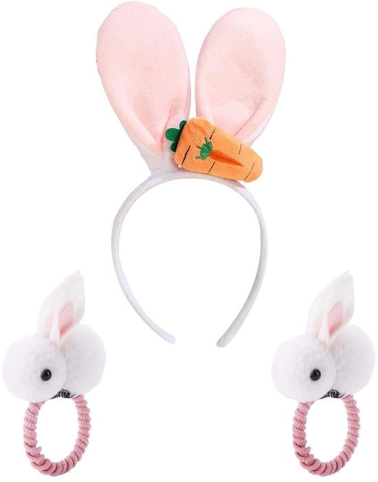 Cintura per Capelli con Orecchie di Coniglio in Piuma - Set di 1 Rosa + 2 Elastici - Ripiegabile - Comfortevole - Ideale per Pasquetta - Copricapo per Costumi