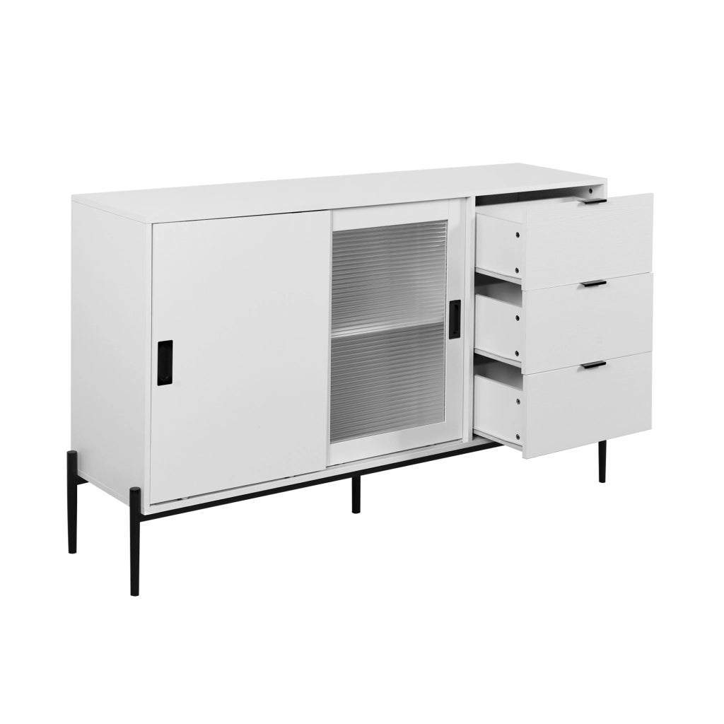 Credenza con 2 porte e 3 cassetti in vetro rigato; mobile contenitore per ingresso; in truciolare; bianco