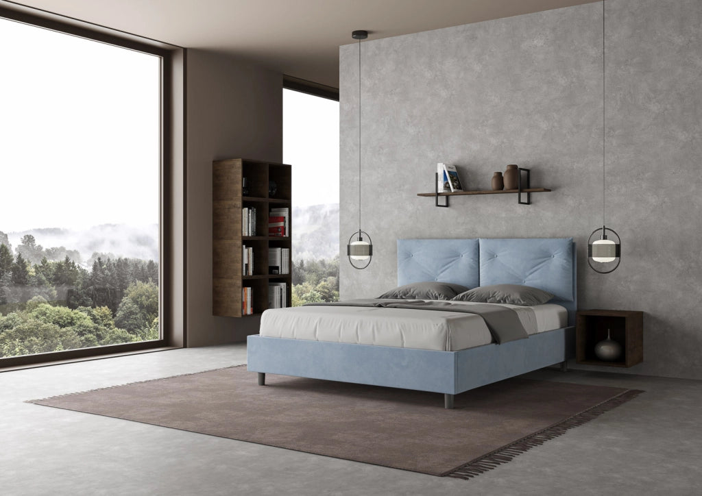 BS COM Letto matrimoniale contenitore imbottito 160x200 microfibra azzurro