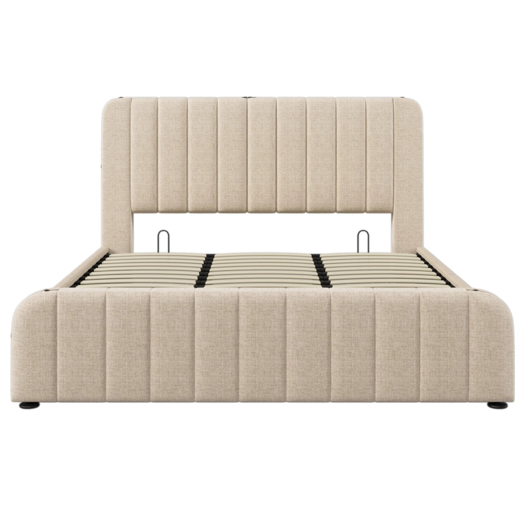 Letto matrimoniale imbottito con contenitore, USB Type-C e struttura in lino beige