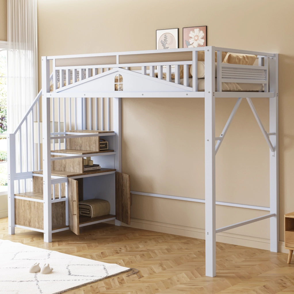 Letto a soppalco 90x200 cm in metallo con scala contenitore e armadietto