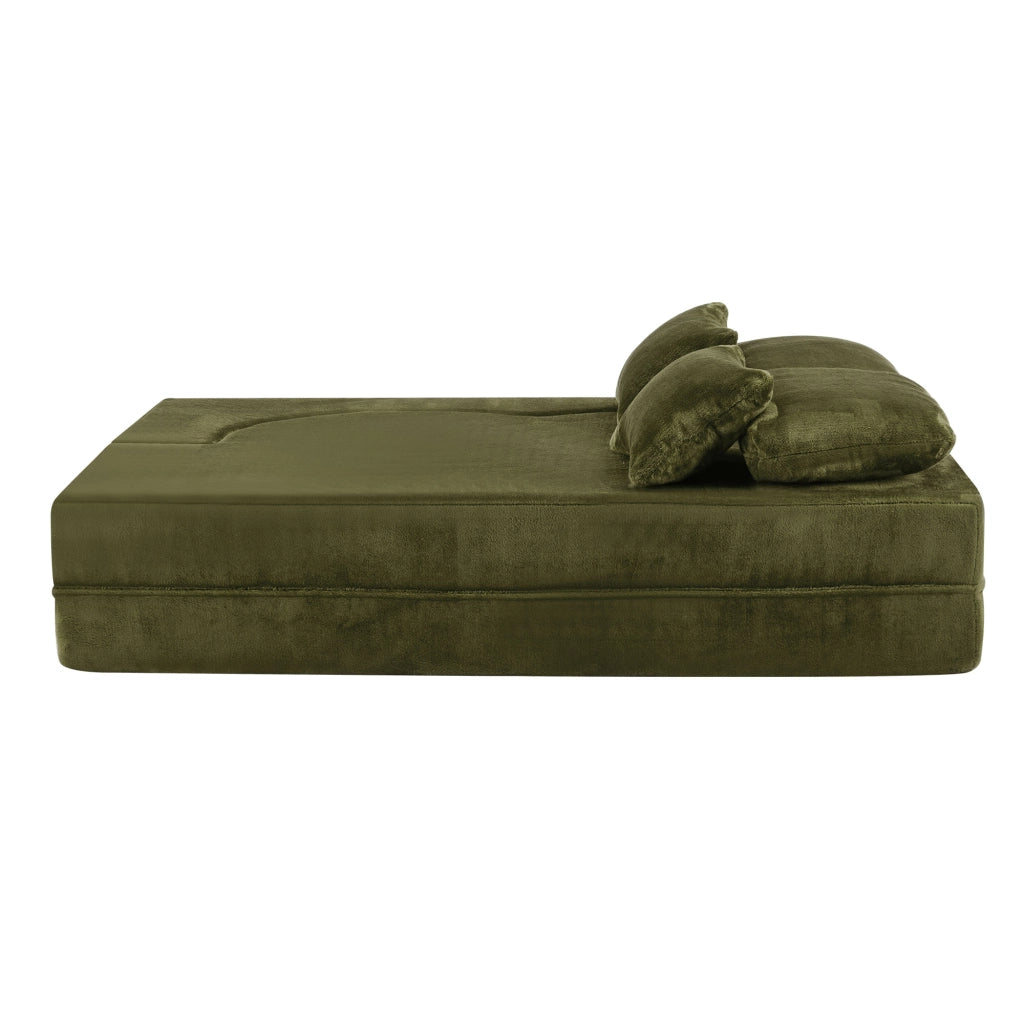 Divano letto modulare verde 2 in 1, 4 cuscini, tessuto peluche, schiuma e molle