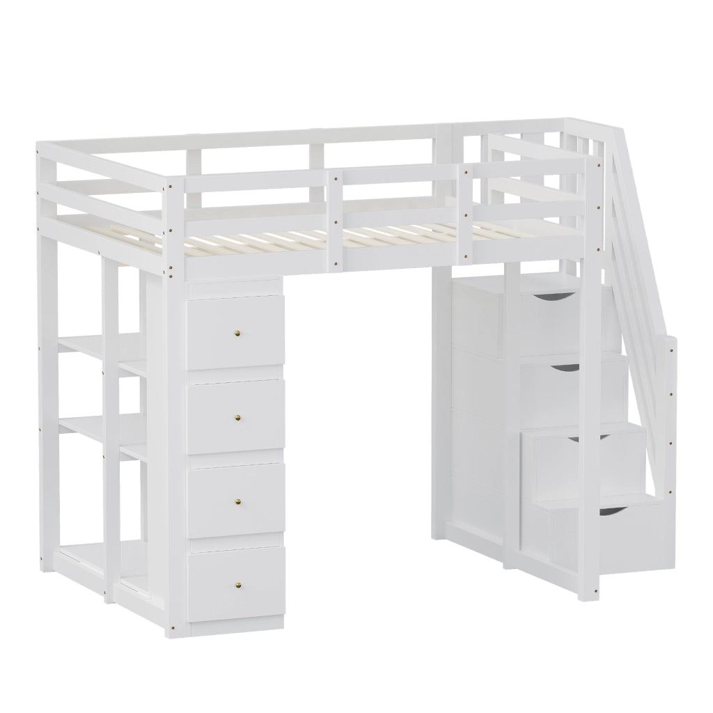 Letto a soppalco 90×200 cm e 140×200 cm con 4 cassetti; ripiani e scala; senza materasso; legno; bianco