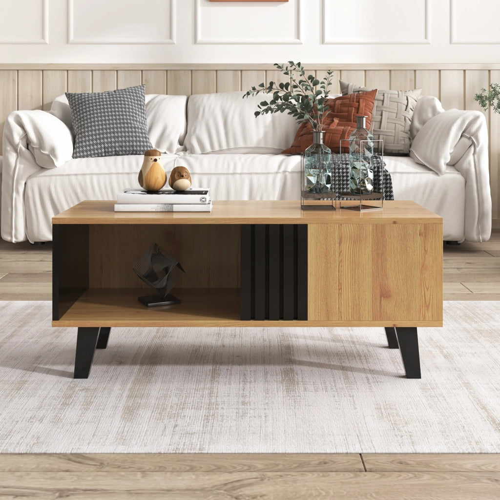 Tavolino da salotto grande 100x60x45 cm - Zephmum - Design in legno colorato e nero, cassetti, versatile