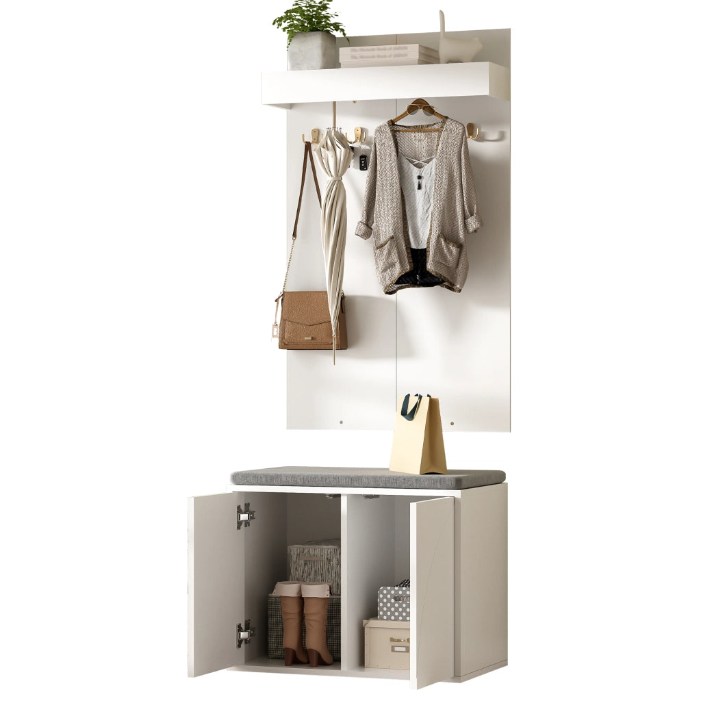 Mobile da ingresso 3 in 1 con 4 ganci, scarpiera a 2 ante e panca, per corridoio, bianco, 60 × 35 × (45 + 100) cm