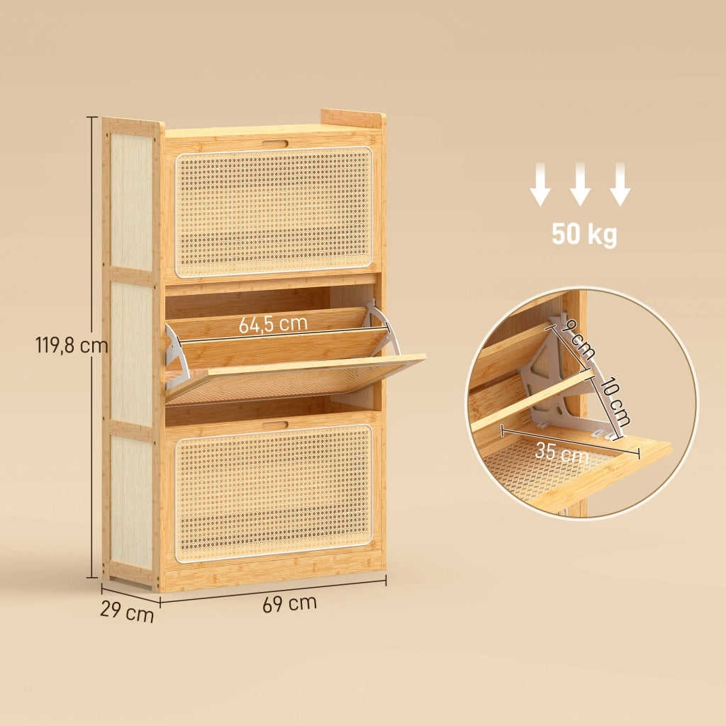 Scarpiera in Bamb¨´ con 3 Cassetti di Rattan per 18-21 Paia di Scarpe ¨C Minimal ¨C 69x29x120 cm Natural