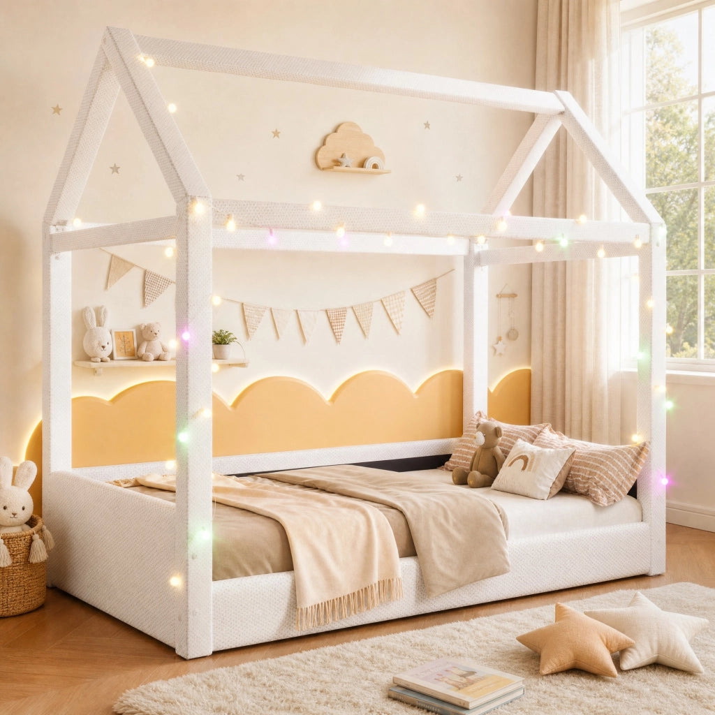 Letto a casetta imbottito con LED; 90x200 cm; beige