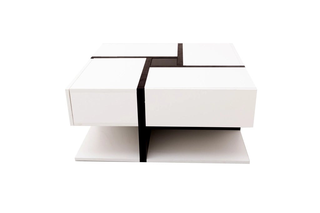 Tavolino da salotto quadrato 4 cassetti con ripiano aperto, finitura lucida, per soggiorno, in truciolare, bianco, 78 × 78 × 36 cm