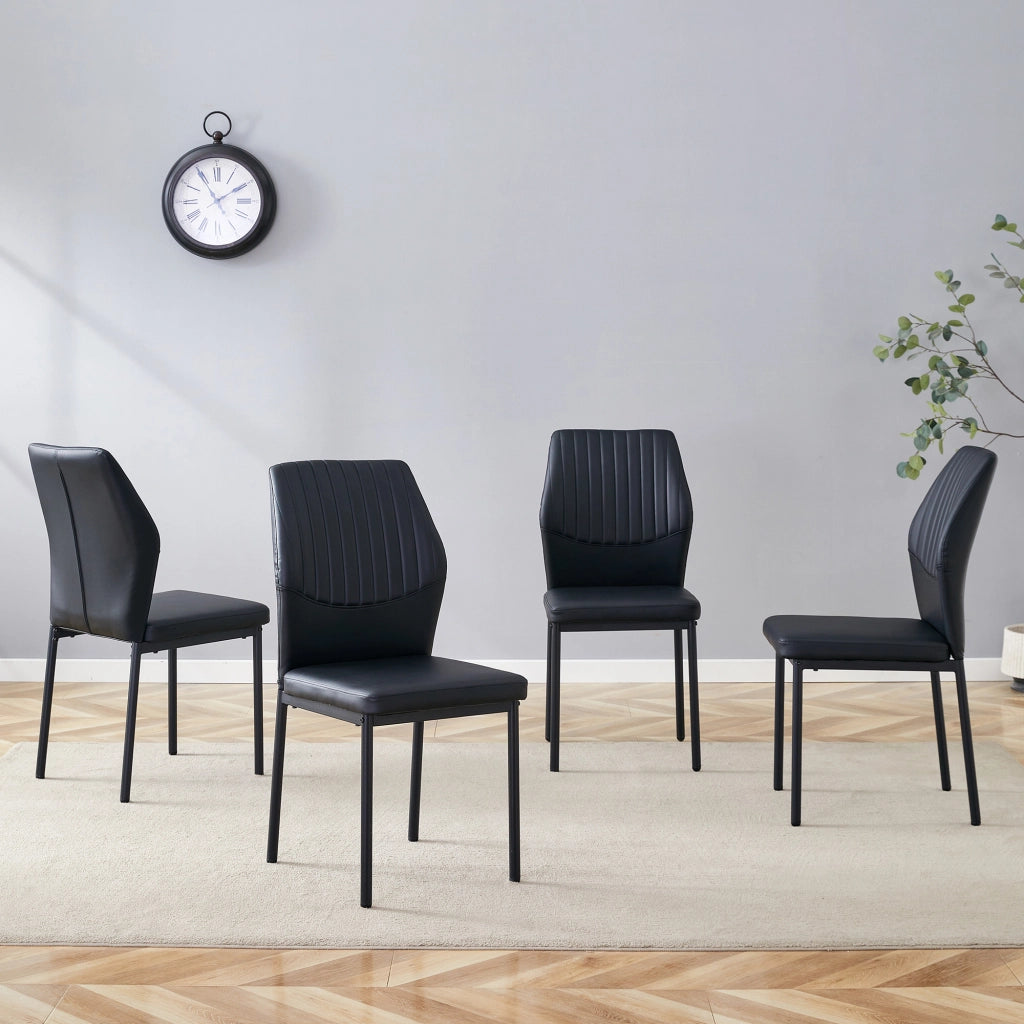 [Set di 4] Sedie da pranzo dallo stile lussuoso e leggero: schienale in PU nero con goffratura verticale + gambe in metallo nero. Adatte a sale da pra