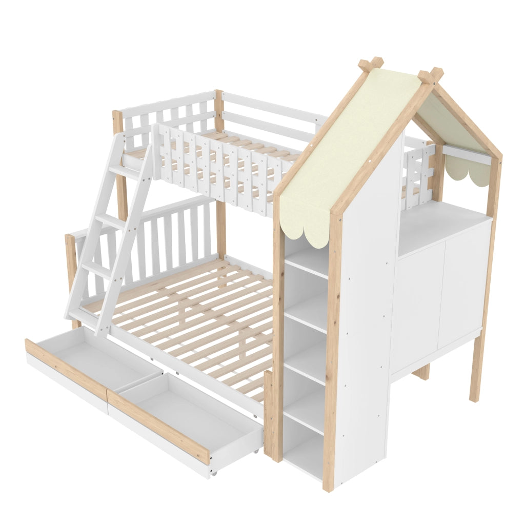 DESMIU Letto a castello per bambini 90 × 200 cm e 140 × 200 cm con contenitori, senza materasso, bianco naturale