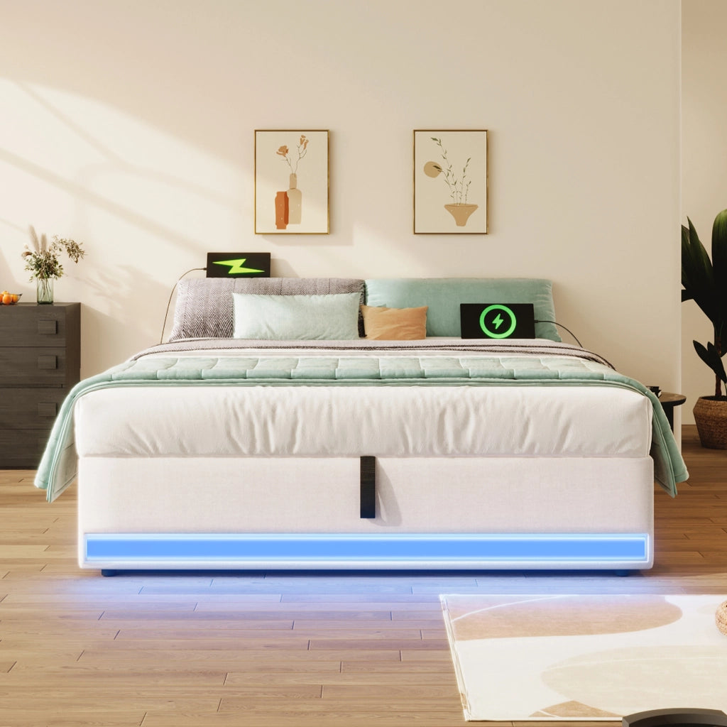 LETTO Imbottito 140x200 cm Beige in Lino con LED, USB e Type-C