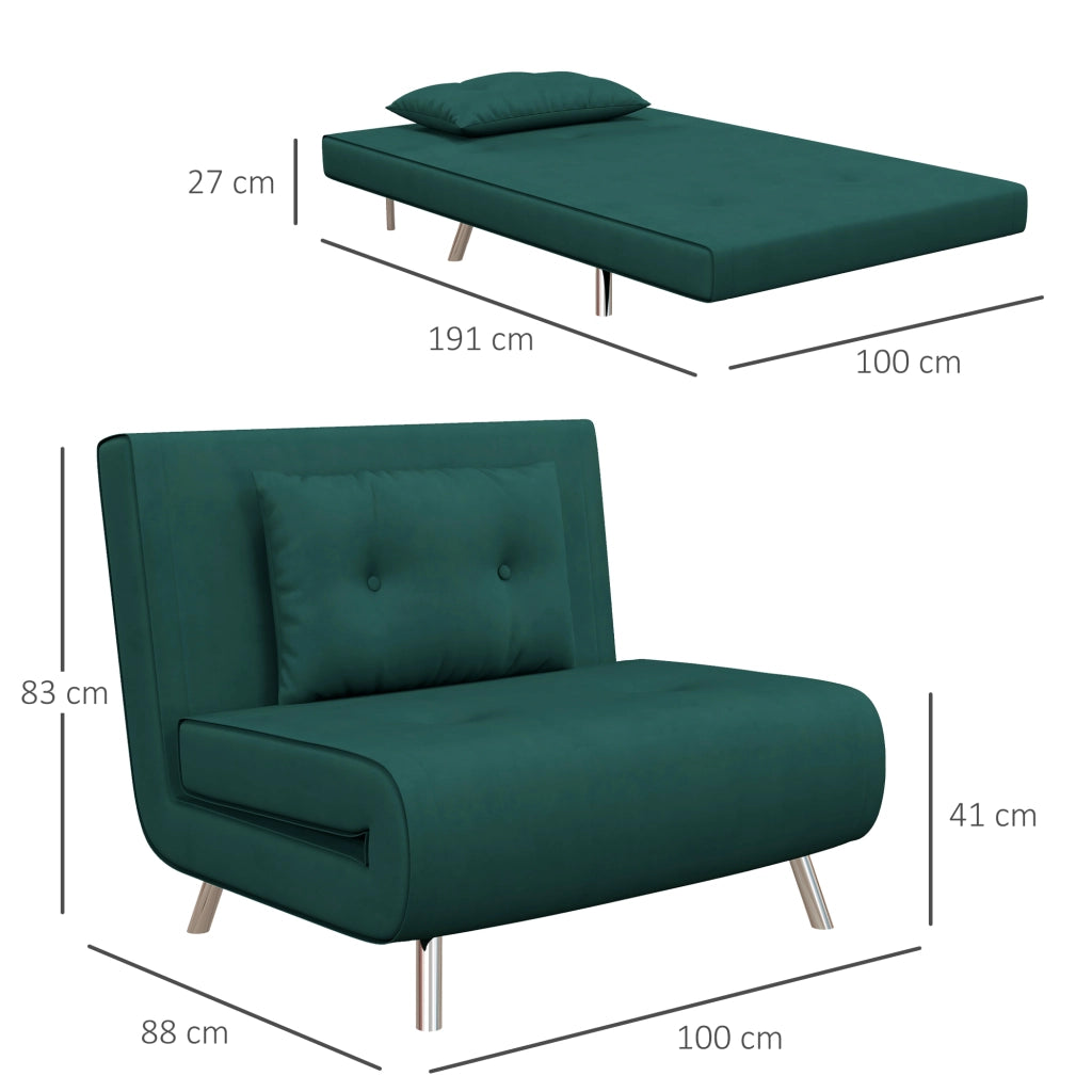 Poltrona Letto Singolo 3 in 1, Poltroncina Reclinabile a 3 Livelli con Rivestimento in Velluto e Cuscino, 100x88x83cm, Verde Scuro
