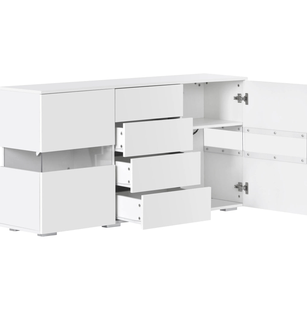 Sideboard bianco 140 cm con LED controllati da app; 2 ante in acrilico e 4 cassetti