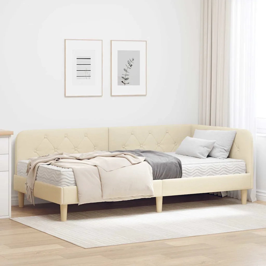 Letto singolo | Letto per adulti | Cornice del letto ad angolo Crema 90 x 200 cm Tessuto
