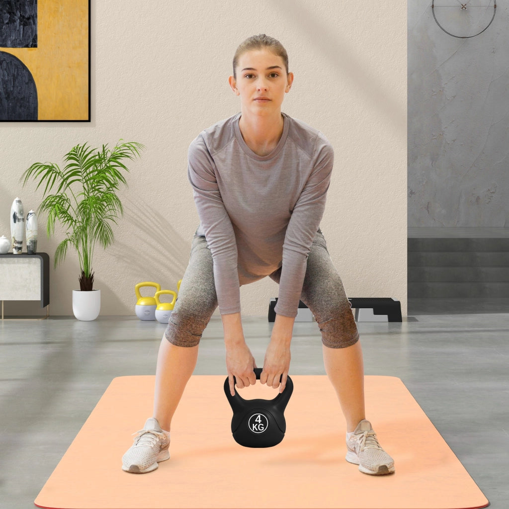 Kettlebell 4 kg ¨C Xylo ¨C Base Piatta, Impugnatura Larga, Riempimento Sabbia 18x12x20 cm Nero