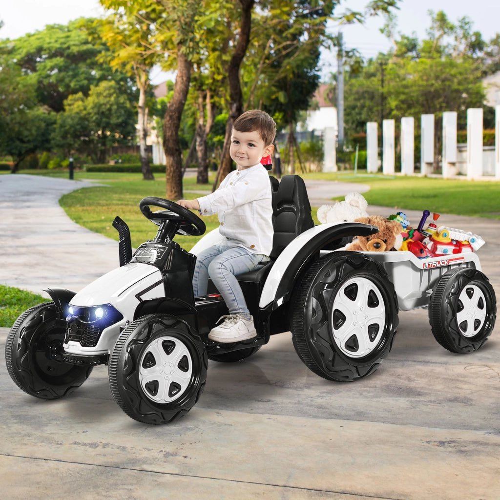 Trattore elettrico per bambini con rimorchio e telecomando, Trattore giocattolo con cintura di sicurezza Bianco-Macchinine giocattoli