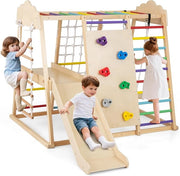 8 in 1 Set da Arrampicata per Bambini, Palestra in Legno da Interno con Sbarre Scivolo Altalena Scala in Corda e Roccia/Rete da Arrampicata, per Bambini 3 Anni+ (Colorato)