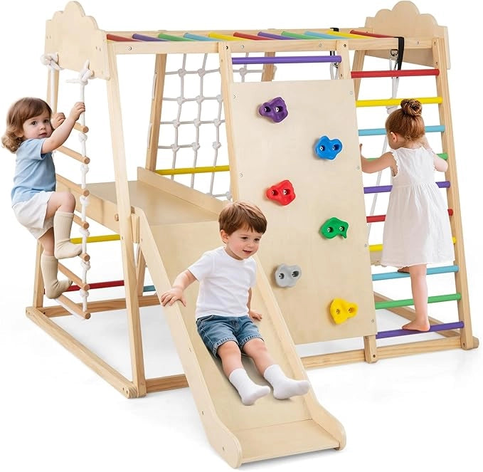 8 in 1 Set da Arrampicata per Bambini, Palestra in Legno da Interno con Sbarre Scivolo Altalena Scala in Corda e Roccia/Rete da Arrampicata, per Bambini 3 Anni+ (Colorato)