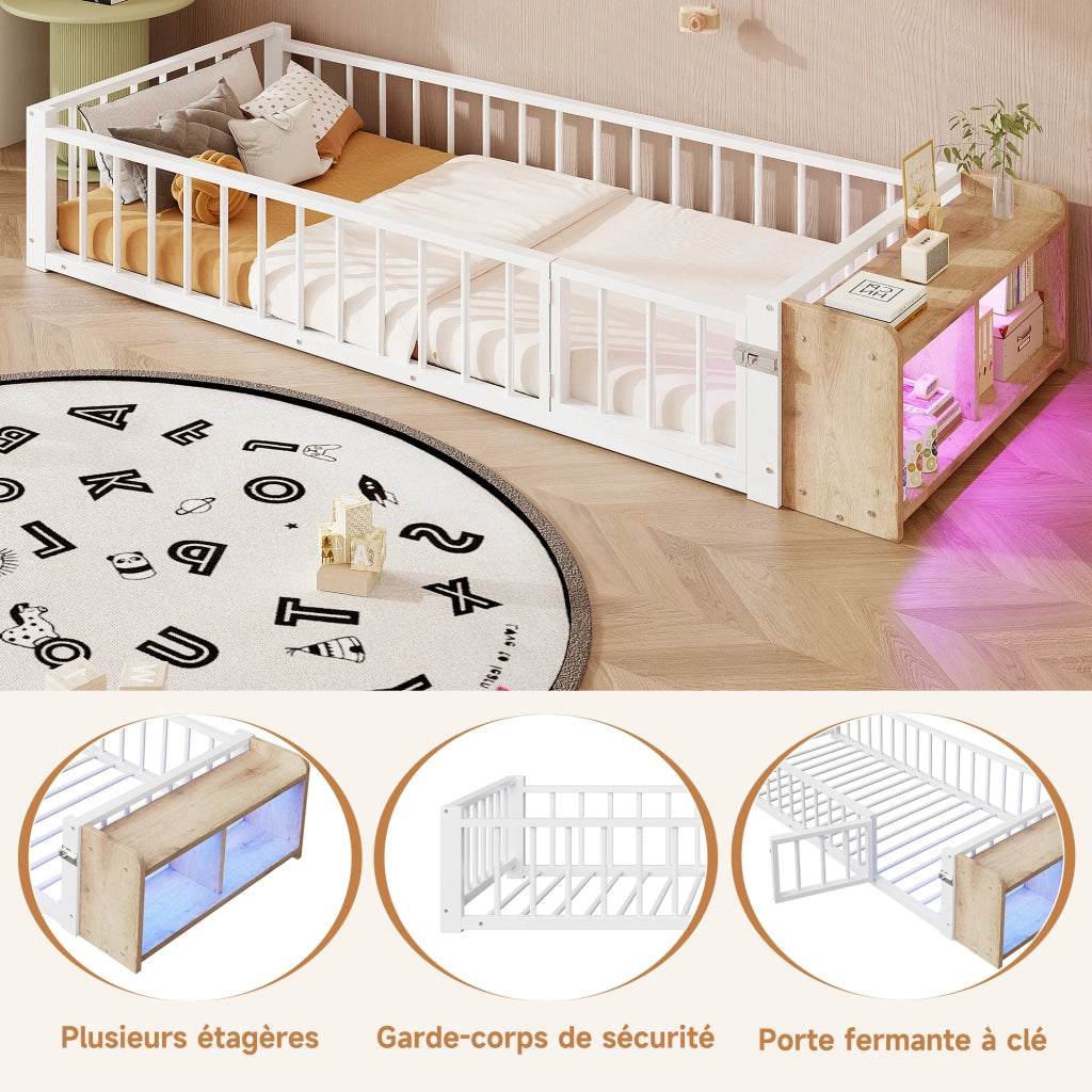 OKWISH Letto per Bambini 90 x 200 cm con Sponda, Vano Aperto e LED, senza Materasso, Metallo e MDF, Bianco