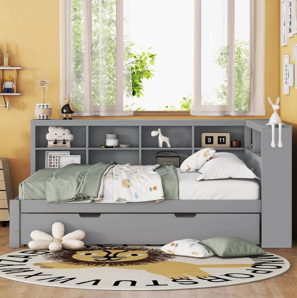 Letto 140x200 cm con USB e vani portaoggetti in legno grigio