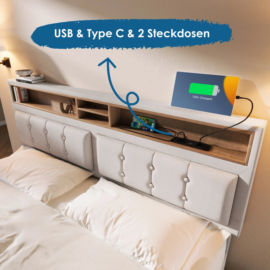 letto imbottito lino beige 140 x 200 cm