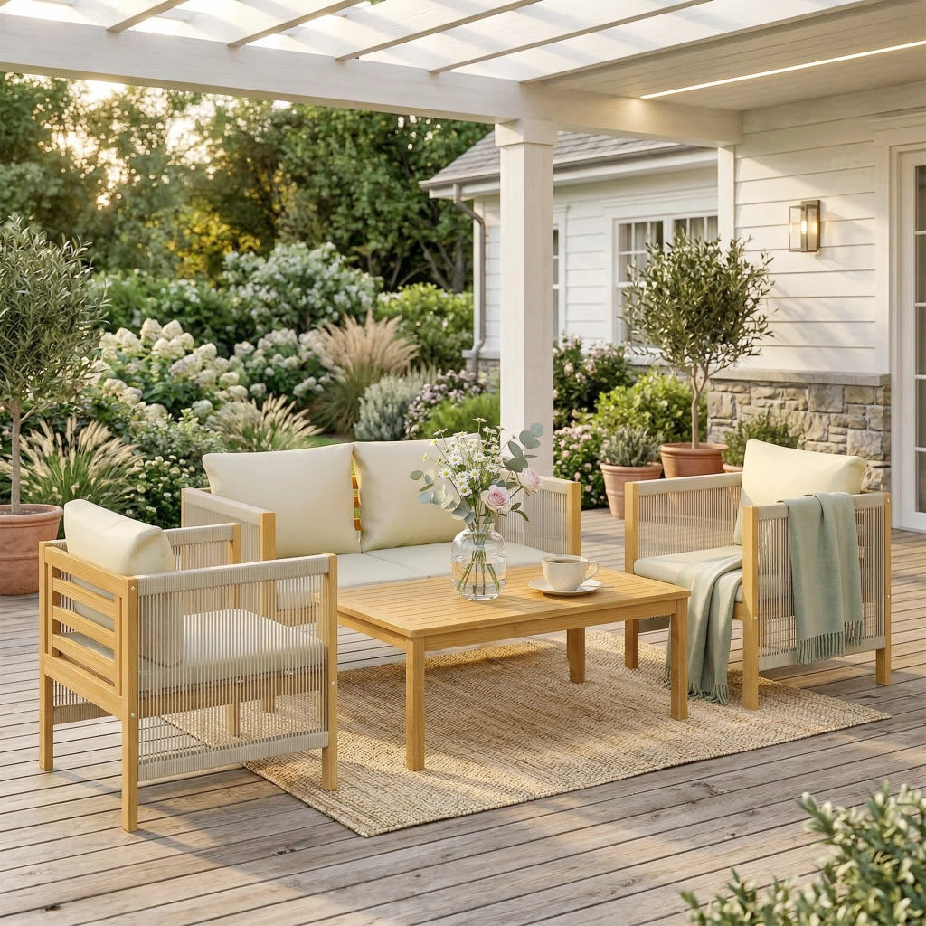 Set Salotto Giardino 4 Pezzi ¨C Zephmum ¨C Divanetto, 2 Poltrone con Cuscini, Tavolino Legno Acacia
