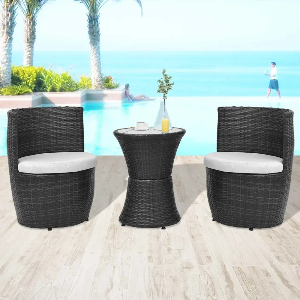 Set da Bistrot 3 pz con Cuscini in Polyrattan Nero