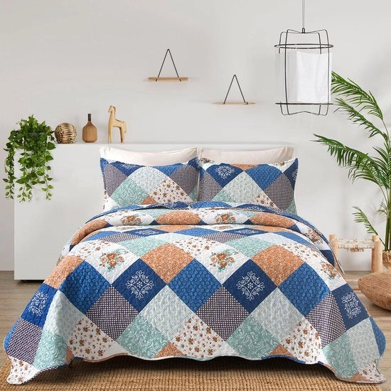 Bedsprei 220x240 Patchwork Blu con Bloemenpatroon Gewatteerde Microvezel Geruite con 2 Cuscini 50x75