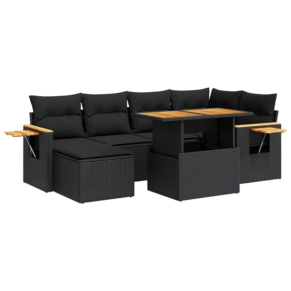 Set Divani da Giardino con Cuscini 7pz Nero Polyrattan Acacia 3327618