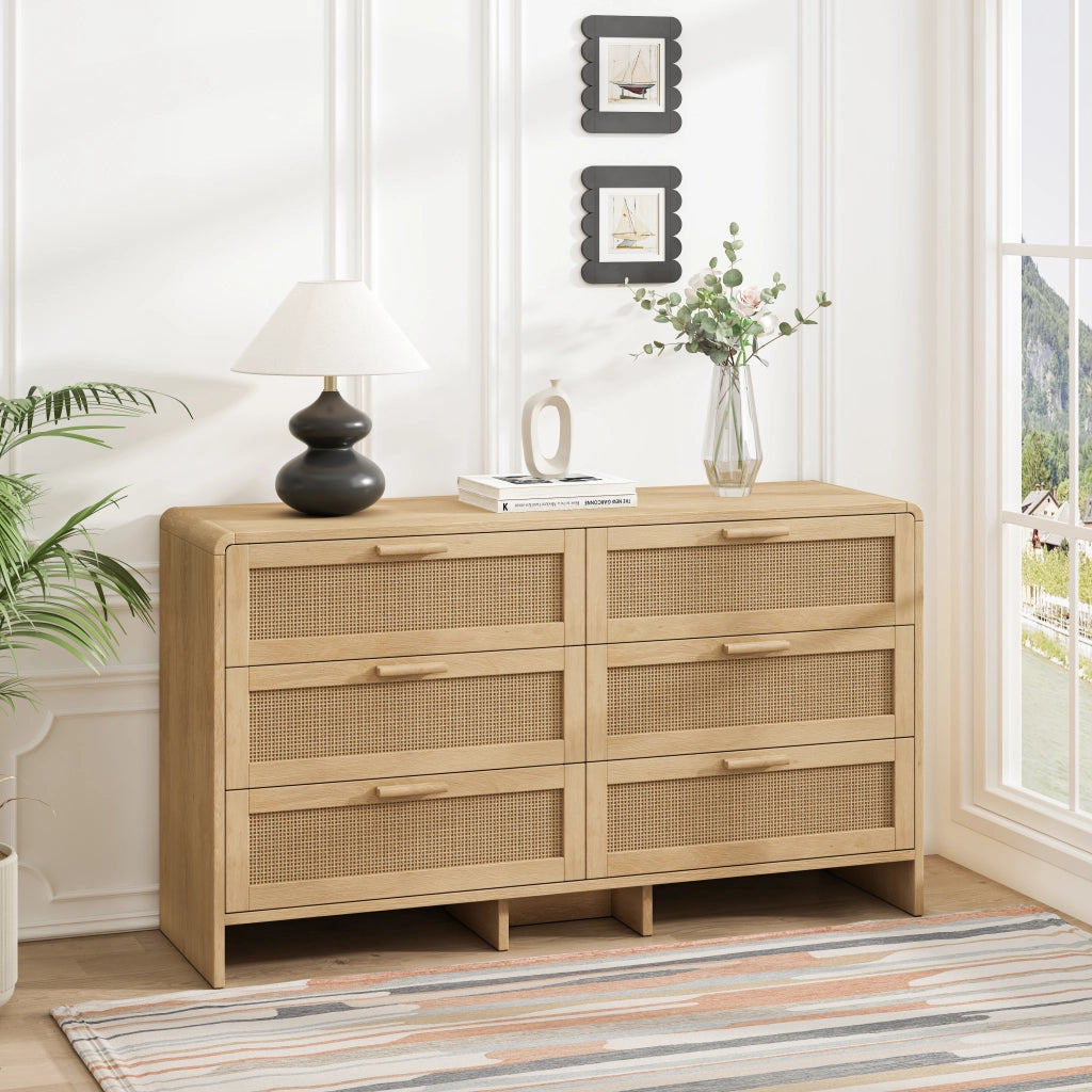 CASSETTIERA 130 cm in rattan naturale con 6 cassetti e angoli arrotondati