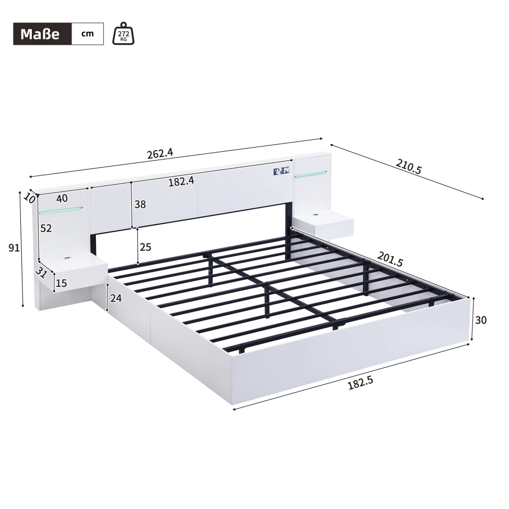 Letto adulto 180 × 200 cm; letto matrimoniale con USB-A; USB-C; orologio; altoparlanti e LED; senza materasso