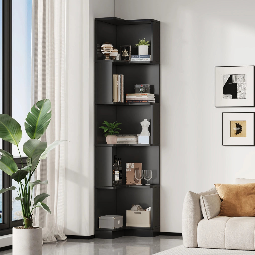 Libreria angolare 63.5x45x175 cm con luci LED a colore variabile; 5 ripiani in MDF nero