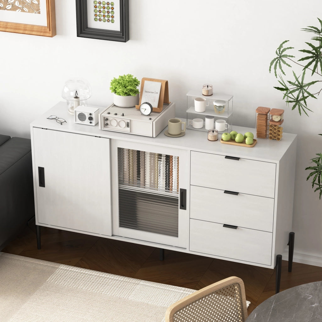 Credenza con 2 porte e 3 cassetti in vetro rigato; mobile contenitore per ingresso; in truciolare; bianco