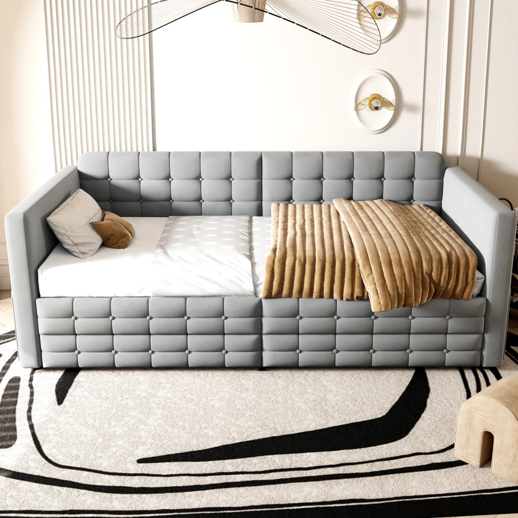 Letto con cassetti 90×190 cm; letto singolo con 2 cassetti; tasche laterali e senza materasso; in velluto grigio chiaro