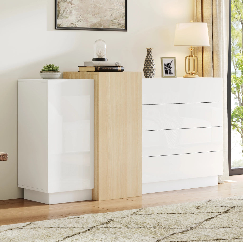 Credenza moderna bianca lucida in MDF 140 x 35 x 76;5 cm con 4 cassetti e 2 ante