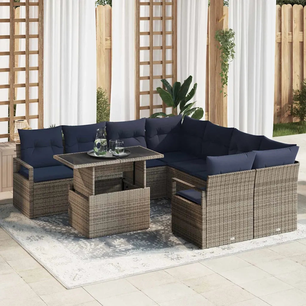Set Divano da Giardino 9 pcs Grigio e Blu Navy polyrattan 3348801