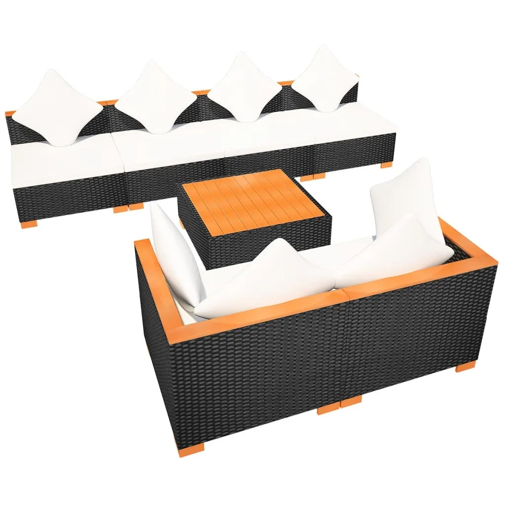 Set Divani da Giardino 7 pz con Cuscini in Polyrattan Nero 42751