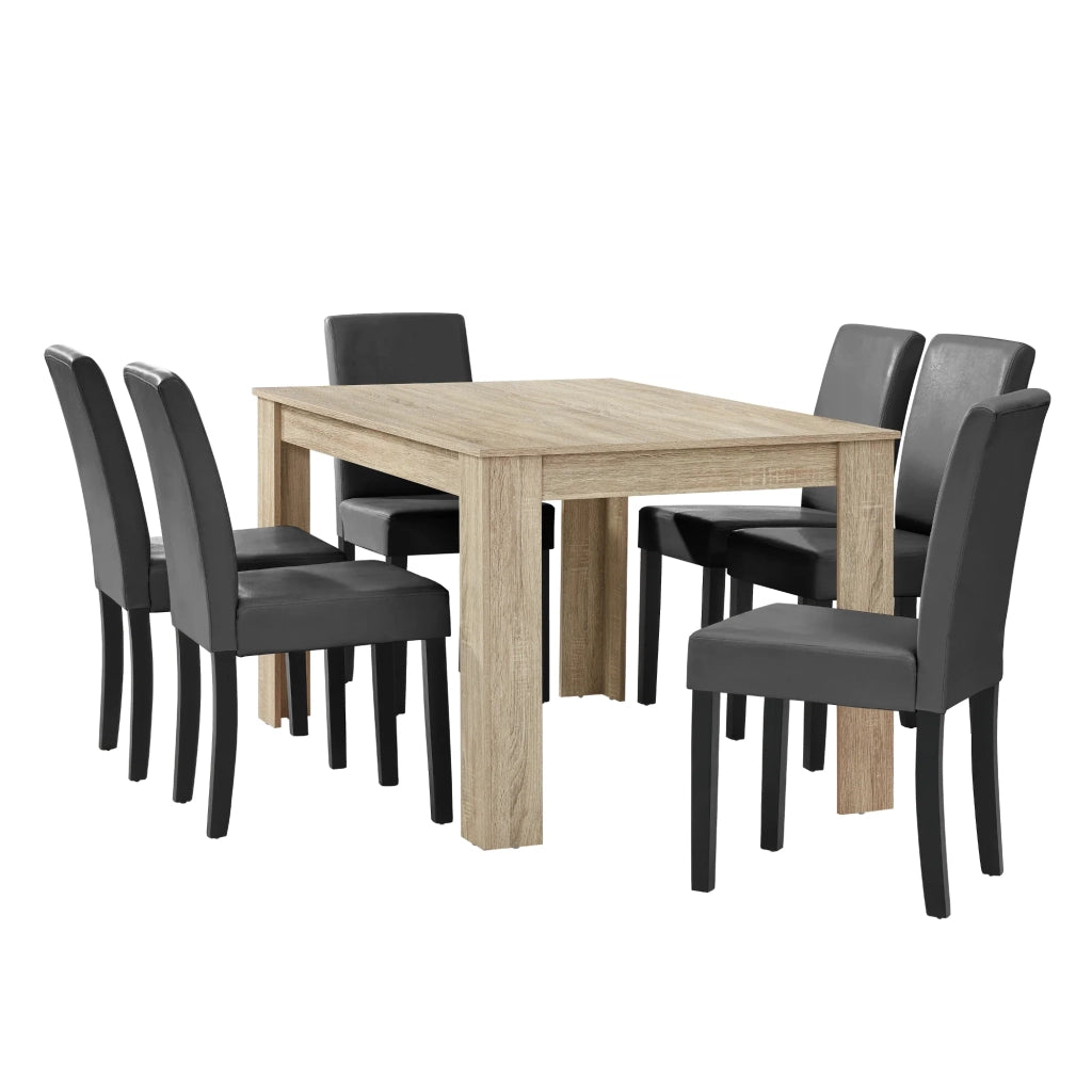 Tavolo da pranzo in rovere con 6 sedie rivestite in similpelle grigio scuro 140x90 cm 03_0004049