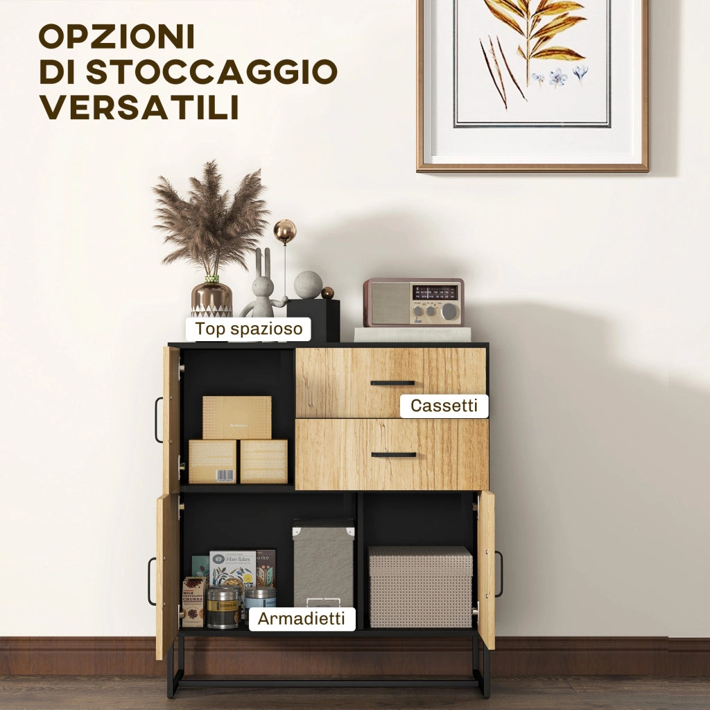 Mobile Credenza Portaoggetti ¨C Xylo ¨C Nero e Legno 80x35x85cm con 3 Ante e 2 Cassetti
