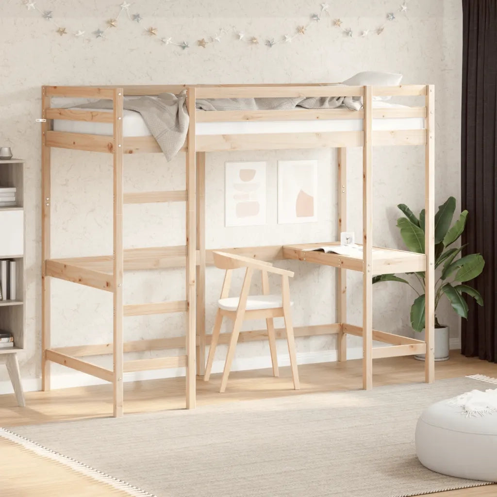 Letto singolo | Letto per adulti | Letto Soppalco con Scrivania 90x200 cm Legno Massello Pino