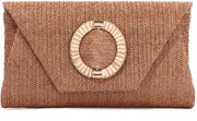 Clutch raffiata per donne - elegante borsa da braccio in canna da indossare in estate, spiaggia, matrimoni e occasioni formali, borsa da mano con cinturino rimovibile in pelle marrone