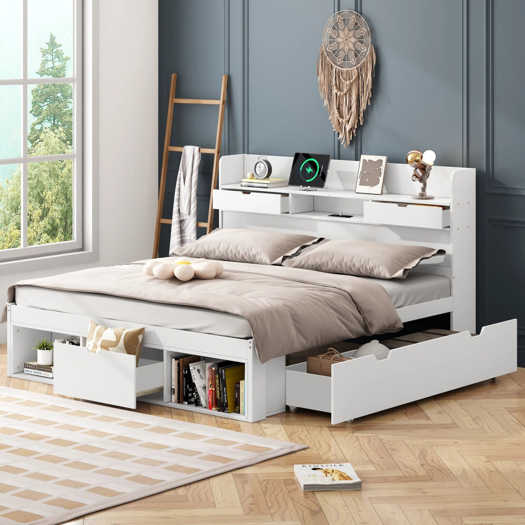 LETTO 160x200 cm Bianco con USB, Type-C e ampio spazio contenitore