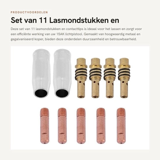 Set di accessori per saldatura 11 pezzi - 15AK Nozzle - Contattini - Tappi di contatto - Sostegni - Materiale di alta qualità - Rame galvanizzato - Accessori per saldatura