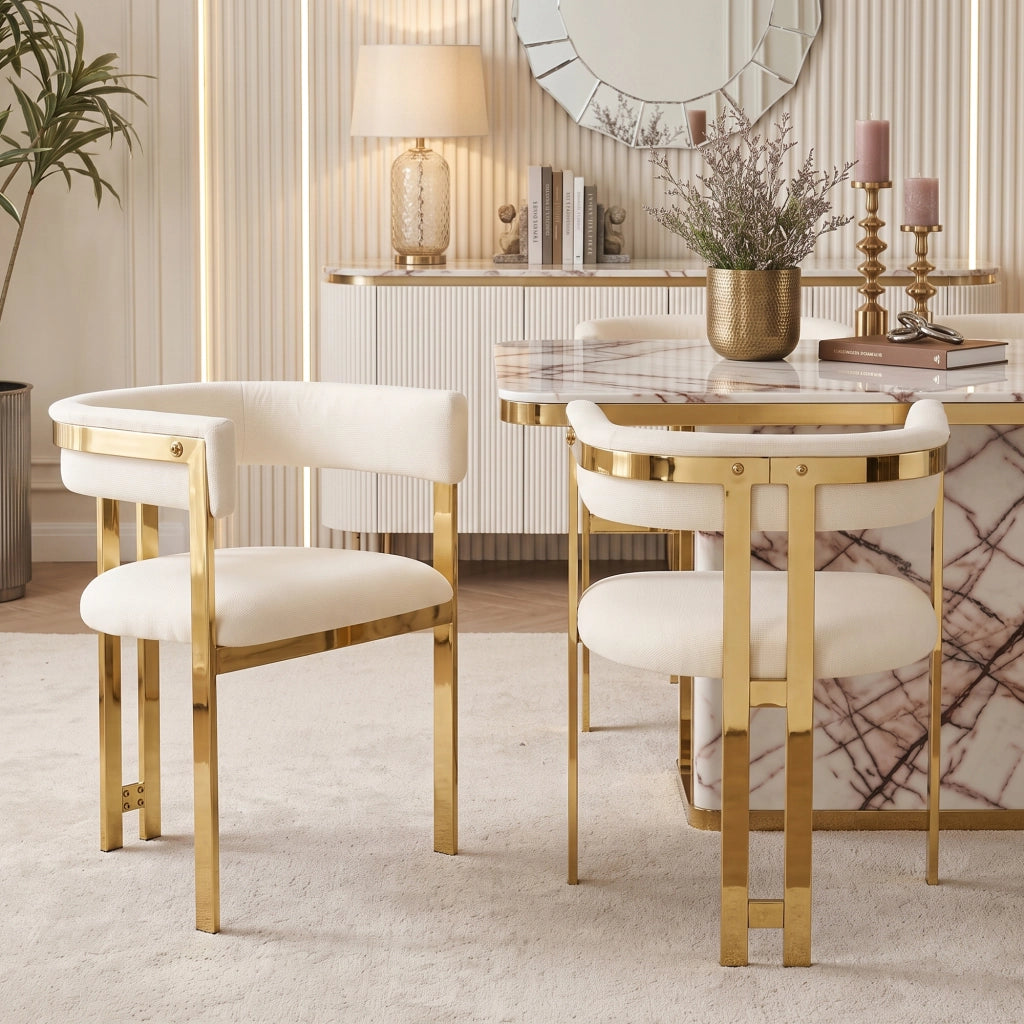 Sedia da Pranzo Set da 6 con Schienale Semicircolare e Struttura in Metallo, in Ciniglia Beige e Oro
