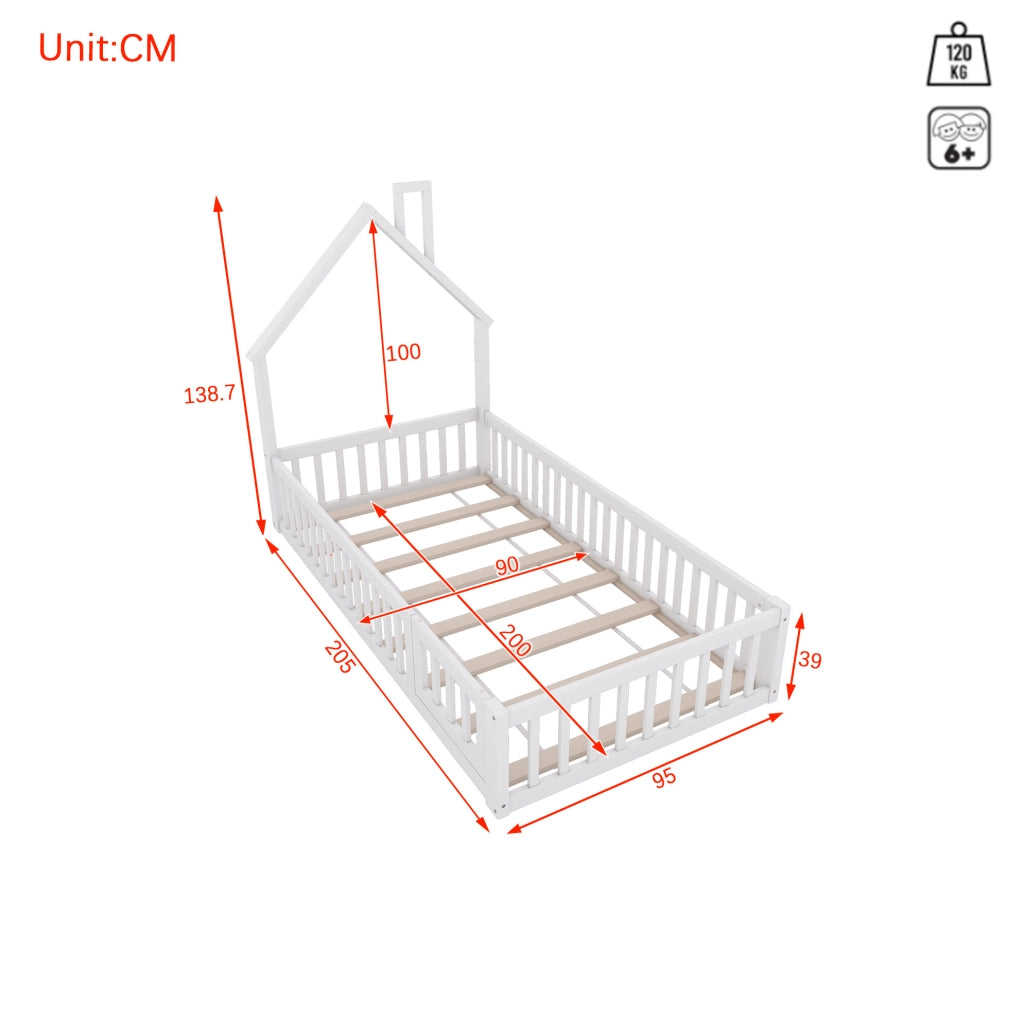 Letto per bambini 90x200 cm con design a casetta e sponde di sicurezza